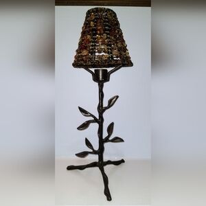 Candle Holder W/ Heavy Metal Vine Base & Amber Beaded Shade (14.5in Tall)